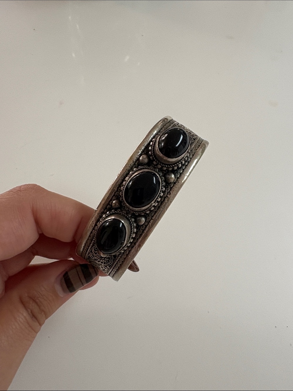 Vintage Black Stone Silver Cuff Bracelet